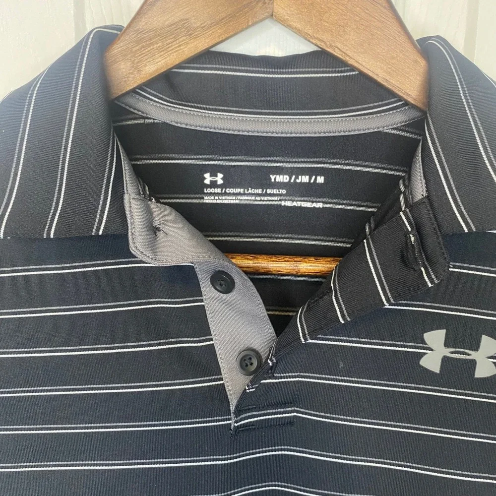 Under Armour Boys HeatGear Polo Shirt Black White Striped Youth Medium YMD